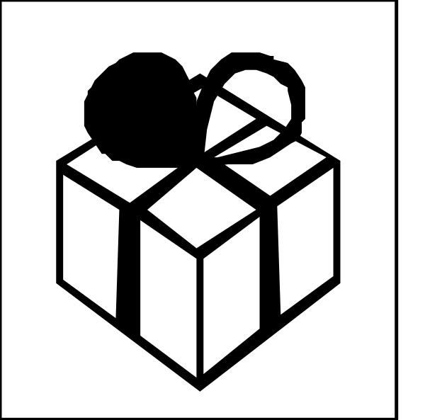 The image shows a black and white icon of an unwrapped gift box with two ribbons tied on top, symbolizing presents being given away for free.