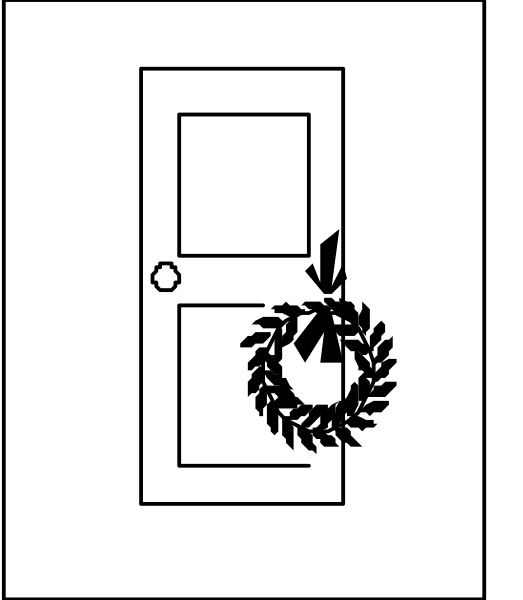 The image shows a simple black and white line drawing of an open door with wreaths on it against a plain background.