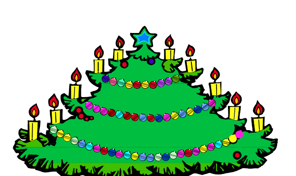The image shows a Christmas tree decorated with lights and colorful balls on top of it, surrounded by candles that represent lit votives at its base; there is no text present in this clip-art illustration.