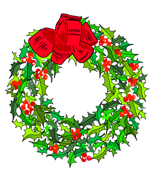The image shows a Christmas wreath with holly leaves surrounding it on both sides, topped by red berries in center of black background; above is text "Happy Holidays"