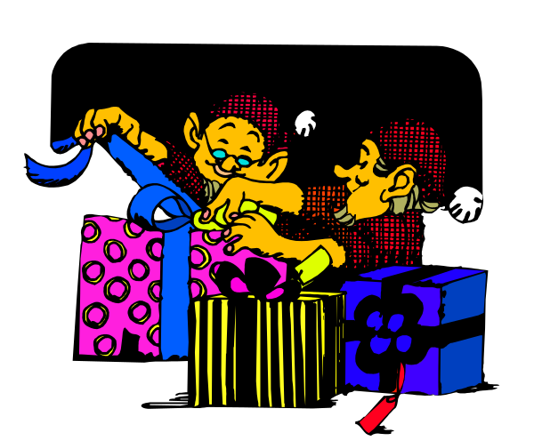 The image shows a cartoon of two gnomes working on wrapping presents with colorful paper; there is no text present in this clip-art illustration.