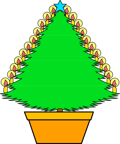The image shows a cartoon depiction of Christmas tree with candles on it inside an orange pot against a black background.