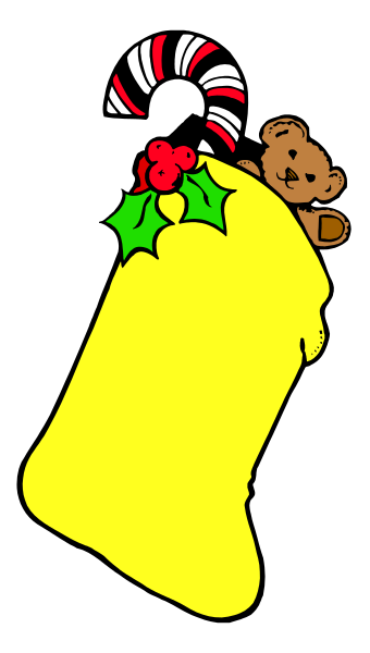 The image shows a Christmas tree with red berries on top of it inside an open yellow gift bag that has candy canes around its edges; there is also a small teddy bear peeking out from behind one side of the gift bag, and above them all hangs mistletoe.
