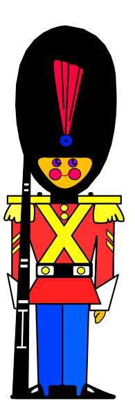 The image shows a black and white illustration of two cartoon characters dressed as British royal guardsmen standing side by side with one character on each end; both have red jackets adorned with gold trim, blue pants, tall bearskin hats, and long rifles slung over their shoulders.