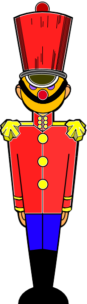 The image shows a cartoon of an English soldier with red coat, gold buttons, blue pants, black boots, white gloves, and a tall hat standing in front of a gray background.