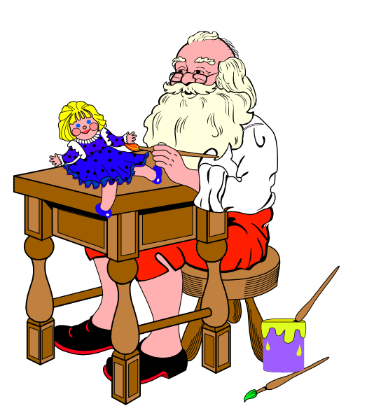 The illustration depicts a man sitting at an old wooden desk with various tools around him; he is holding what appears to be a small doll in his hands while working on it.