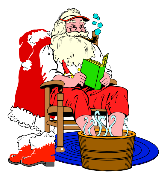 The illustration depicts a cartoon of Santa Claus sitting on an old rocking chair with his feet soaking in water from a bucket placed next to him. He is holding a book open while reading, and there's smoke rising upwards behind him as if he has just lit something or it could be steam coming out of the pot nearby which contains more bubbles than usual. The background features an old-fashioned fireplace with stockings hanging on either side above Santa Claus.