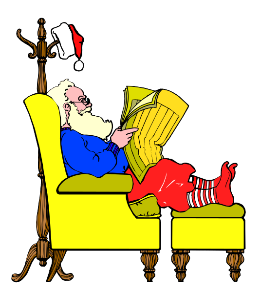 The illustration depicts a cartoon of an elderly man with white hair wearing glasses sitting on a couch reading a newspaper while holding it open in his hands. He is dressed as Santa Claus complete with red pants, boots and hat adorned with fur trim around its cuffs and collar.