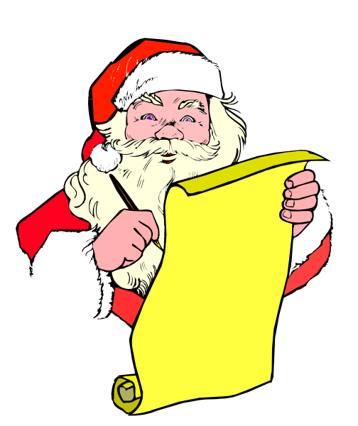 The illustration shows a cartoon depiction of Santa Claus holding an open yellow envelope with his left hand while writing in it using his right hand. He is wearing red pants, black boots, white gloves, and has a beard.
