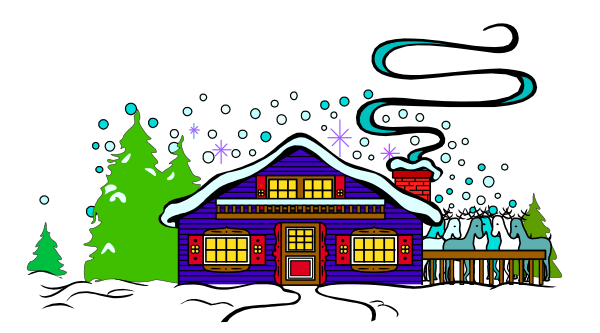 The image depicts a festive winter scene with snow falling on an idyllic cabin nestled among trees under a starry sky; there is no text present in this clip-art illustration.