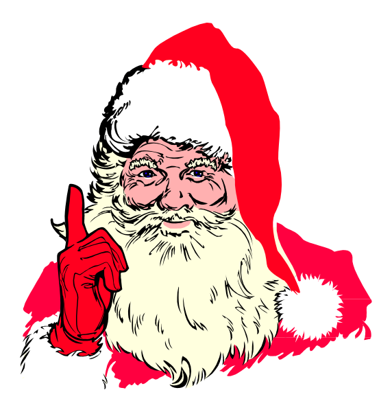 The illustration shows a cartoon representation of Santa Claus with his right hand raised to make an "shhh" gesture while wearing red gloves and boots; he is also holding what appears to be a candy cane in his left hand, which extends downward from him.