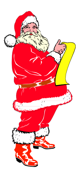 The image shows a cartoon of Santa Claus holding up his finger with "1" on it against a black background.