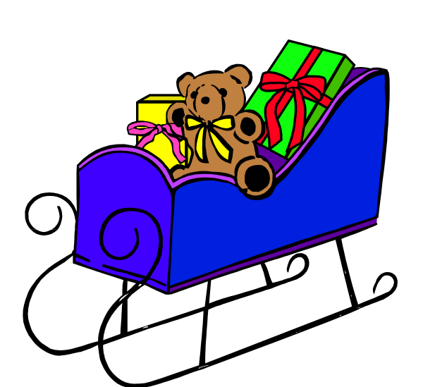 The illustration shows a blue sleigh with white trim carrying gifts on top of it; inside is a teddy bear sitting in front of presents tied together by ribbons.