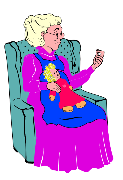 The illustration shows an elderly woman sitting on a chair with her hands resting gently upon it; she is holding up a smartphone to take a picture of herself in front of a mirror using its camera function.