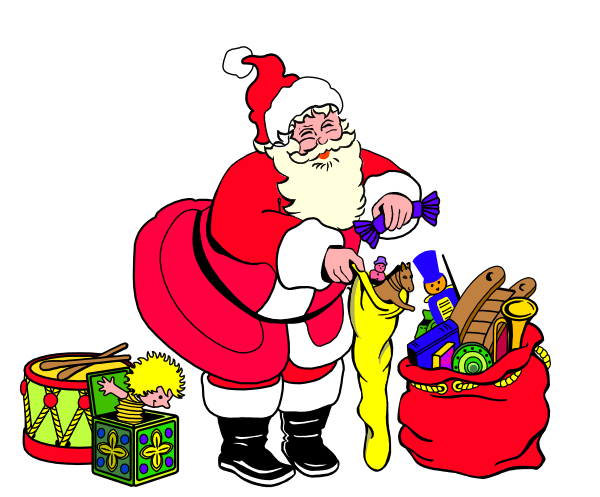 The illustration shows Santa Claus standing next to a pile of presents with his hands full; he is wearing red boots and has a sack over one shoulder filled with toys.
