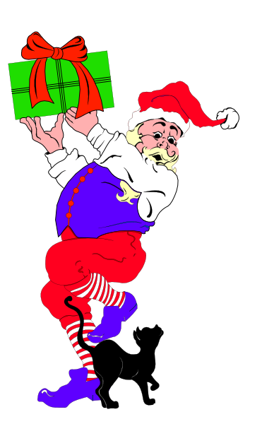 The image shows a cartoon of Santa Claus holding presents with his left hand while balancing on stilts using his right leg in front of him; he is wearing red pants, boots, gloves, and has white hair and beard.