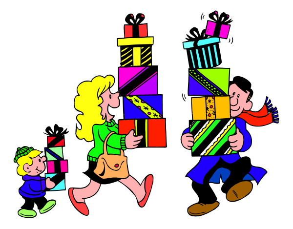The image shows a cartoon of three individuals walking with wrapped gifts; there is no text present on this clip-art illustration.
