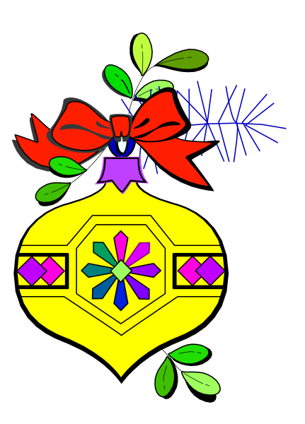 The image shows a Christmas tree with an angel on top of it next to a red ribbon bow tied around its base.