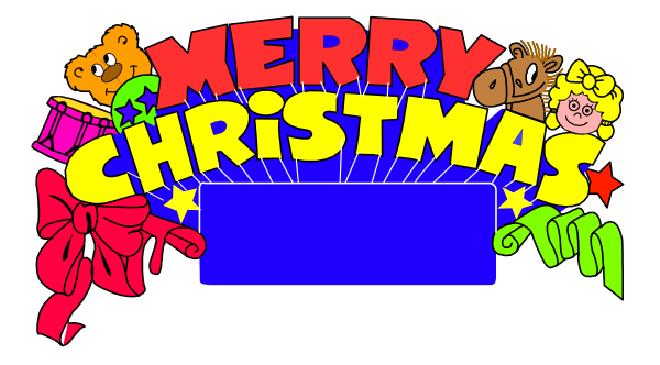 The image features a festive greeting with text that reads "Merry Christmas" atop an illustration of presents under what appears to be a tree branch adorned with decorations such as tinsel, baubles and stars in various shapes and colors.