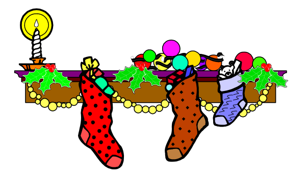 The image shows a festive scene with three stockings hanging on a mantelpiece decorated for Christmas; each stocking has different patterns: one is striped red and white like candy canes, another features polka dots in shades of blue and pink, while the third resembles an animal. Above them are two lit candlesticks with wreaths on top, a string of lights draped over the mantelpiece, and Christmas trees adorned with ornaments flanking each side. The background is dark to emphasize the brightly colored stockings