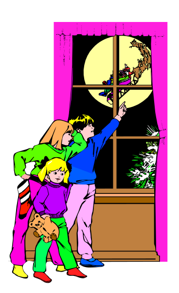 The illustration depicts a family of three standing at an open window on Christmas Eve night with snow outside; there's no moon in sight but it appears to be dusk due to darkness around them.