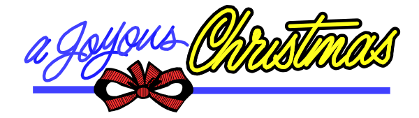 The image shows a Christmas greeting with text that reads "Merry Christmas" on top of an illustration featuring two red poinsettias flanking either side of a blue banner displaying white cursive writing in all caps, which says "A Joyous Christmas."