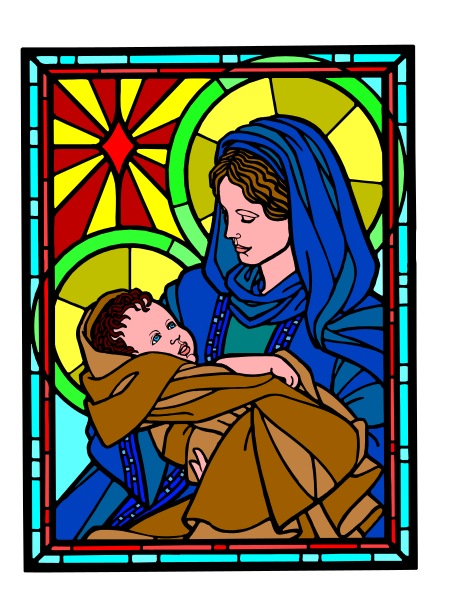 The image shows a stained glass window depicting Mary holding baby Jesus with an infant's halo around their head; both figures have halos as well.