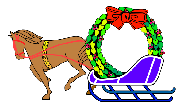 The image shows a cartoon depiction of Christmas with a horse pulling a sleigh carrying presents under wreaths; there is also an animated character riding in front holding reins to guide the horse.