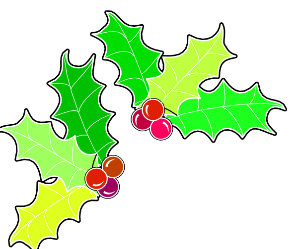 The image shows a festive scene with two holly wreaths hanging on either side of what appears to be mistletoe berries in between them against a dark background.
