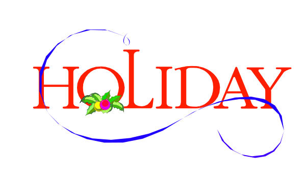 The image shows a holiday greeting with text that reads "HOLIDAY" at top center against an abstract background featuring swirls in shades of blue and red; below it is another line of smaller, stylized script reading "holiday," which appears to be the word repeated.