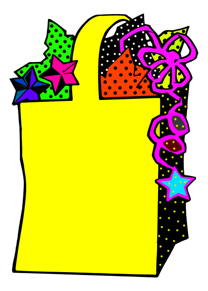 The image shows a colorful gift bag with various decorations on it against a black background.