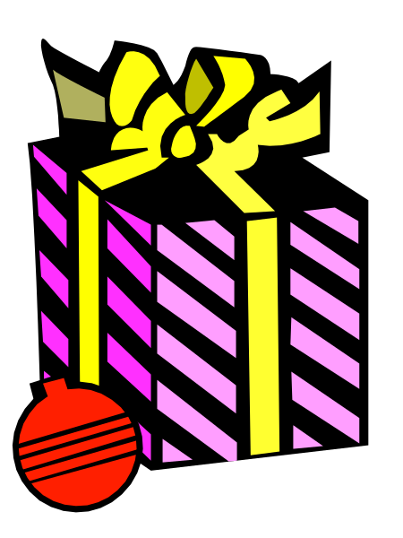 The image shows a gift box with ribbon tied around it on top of what appears to be an object resembling a Christmas tree ball adorned with stripes in shades of purple and pink; below this, there is a red bauble that looks like a sports item, possibly a cricket bat.