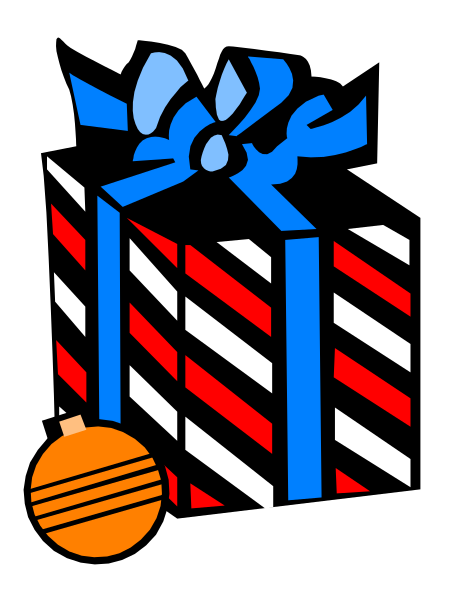 The image shows a gift box with red ribbon tied around it, placed on top of striped wrapping paper that resembles an American flag design; there is also a small Christmas tree icon in one corner and what appears to be a blue bow atop the present.