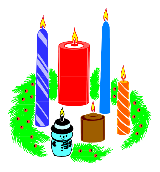 The image shows a festive wreath with candles of different sizes placed on it; there is also an arrangement that includes Christmas decorations such as holly branches and berries at its base.