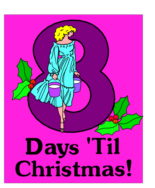 The image shows a graphic with an illustration of a woman dressed as Snow White holding a basket on her head above holly leaves; she is standing in front of Christmas decorations that include mistletoe, berries, and red poinsettias at the bottom right corner. Above this scene are two numbers "8" and "3," with text reading 'DAYS TILL CHRISTMAS!' The background color appears to be pink or purple, but it's not possible for me to determine specific colors without more information about the image quality.