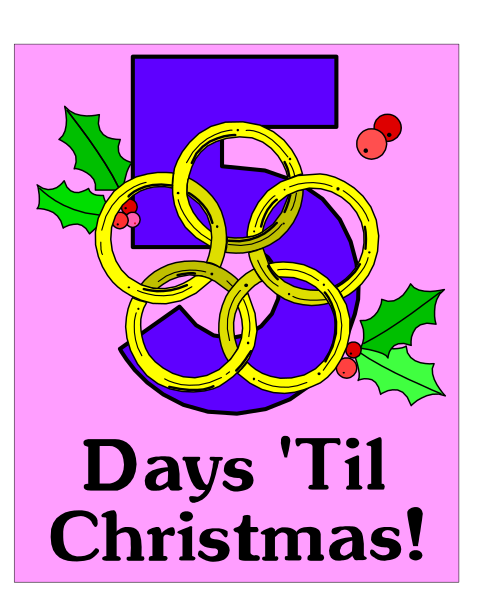 The image shows a graphic with text that reads "5 days 'til Christmas!" accompanied by an illustration of three interconnected rings resembling Olympic symbols above which is a wreath decorated with holly leaves and berries, suggesting holiday festivities or sports-related events around the time of Christmas.