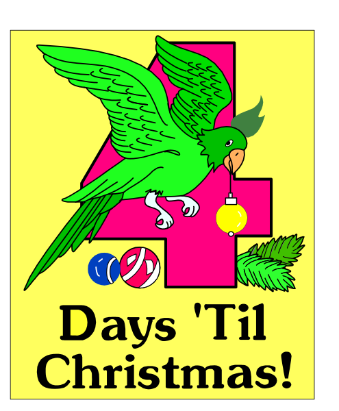 The image features a parrot perched on top of an ambulance symbol with its wings spread out, holding two Christmas balls in one claw while standing next to another ball that has been knocked over onto the ground below it.