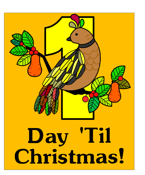The image features a colorful illustration of an Indian partridge perched on top of two bunches of carrots with leaves around them against a yellow background that has text reading "1 DAY 'TIL CHRISTMAS" in black letters at the bottom, and there is also some additional decorative detailing.