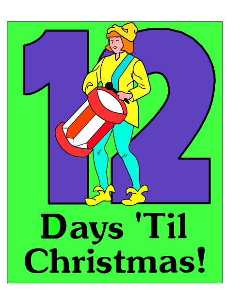 The image features a cartoon of an old man with a cane holding a sign that reads "12 days 'til Christmas."