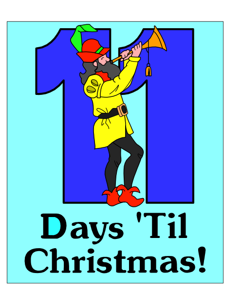 The image features a cartoon of an elf playing a trumpet with text that reads "13 days 'til Christmas."