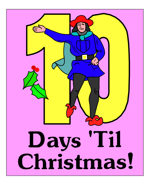 The image shows a cartoon of an animated character dressed as Santa Claus with text that reads "10 days 'til Christmas!"