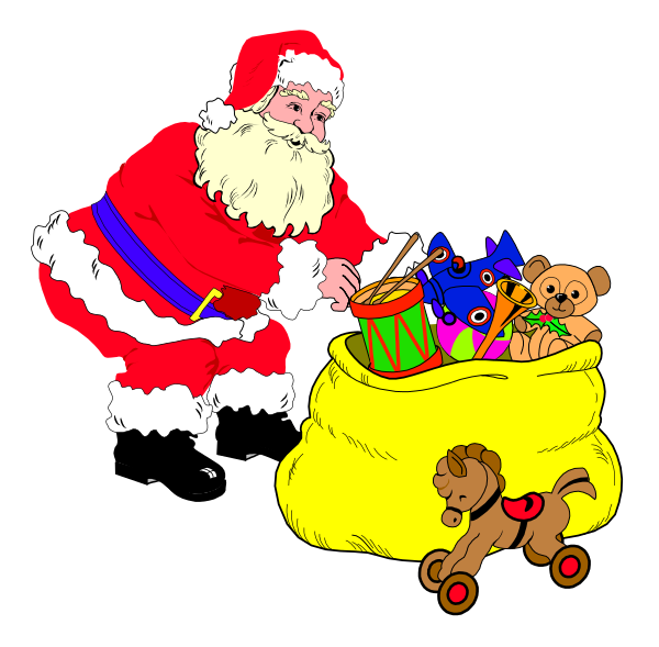 The illustration shows a cartoon Santa Claus standing next to an open sack filled with toys such as teddy bears and other small gifts; he is dressed in his traditional red suit and hat, holding what appears to be a candy cane stick while looking at the contents of the bag.