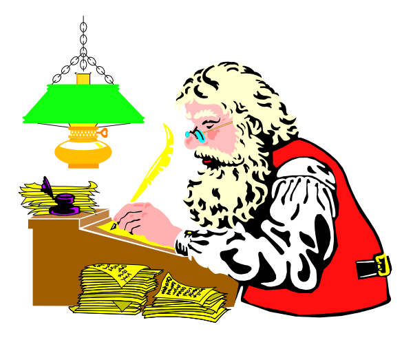 The illustration depicts a cartoon of Santa Claus sitting at his desk with papers scattered around him; he is writing on one paper while another rests nearby.