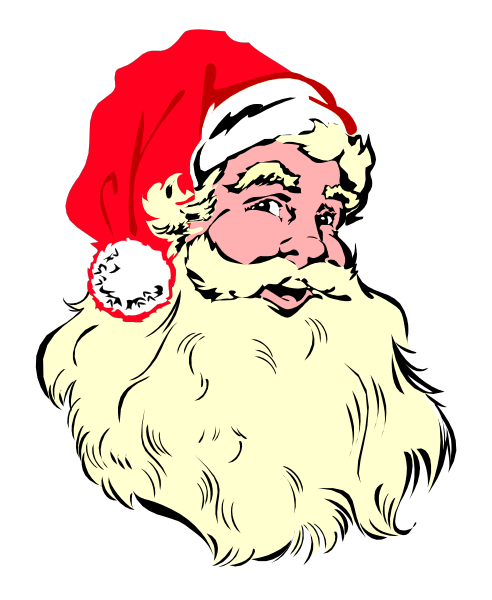 The image shows a cartoon representation of Santa Claus wearing his traditional red suit with white trim around the cuffs and collar, black boots, and a large sack over one shoulder filled to capacity; he is smiling broadly at an unseen audience while standing against a dark background that contrasts sharply with him.