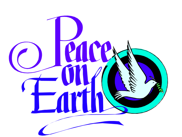 The image features a graphic design with text that reads "PEACE ON EARTH" at top, followed by an illustration of two doves in flight above each other on either side of what appears to be a peace sign symbolizing global unity and harmony. Below this emblem is the phrase "Peace On Earth," which suggests themes related to tranquility or serenity within our planet's environment. The overall design conveys an optimistic message about world peace, possibly associated with holiday greetings during Christmas time when such sentiments are commonly expressed in various forms of media