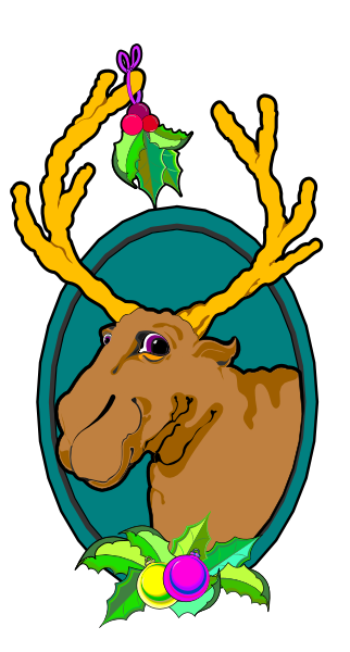 The image features a cartoon moose with antlers wearing festive decorations such as holly leaves and berries on its head, standing in front of an oval frame that has Christmas trees at each corner.