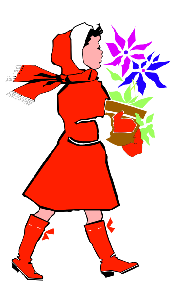 The image shows a cartoon of an animated character dressed as Santa Claus holding flowers with purple petals on top of their head while walking down what appears to be a street at nighttime during winter.
