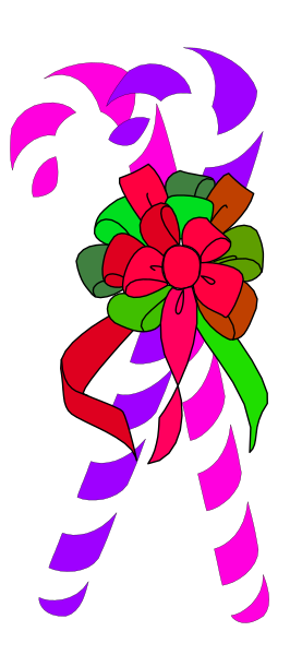 The image shows a candy cane with two red bows on either end of it against a black background.