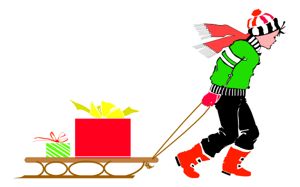 The image shows a cartoon of Santa Claus pulling a sleigh with presents on it while walking down what appears to be an icy street at nighttime during winter. There is no text present in this clip-art illustration, and all elements depicted here contribute to conveying the festive holiday theme associated with Christmas time. The image does not contain any people or animals; instead, Santa Claus serves as both a character (a person) who represents an iconic figure of winter holidays and also acts as a symbol for gift-giving during this season.
