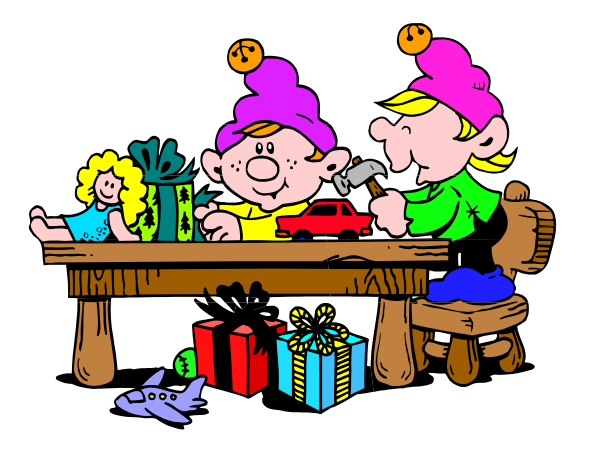 The illustration depicts a festive scene with two cartoon gnomes sitting at a dining table adorned with Christmas presents; one is holding an unlit candle while another has its back to us, both wearing elf hats and surrounded by holiday decorations such as wreaths.